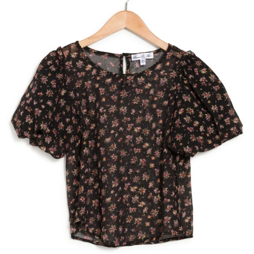 Stem & Vine  Puffed Sleeve‎ Floral Keyhole Crop Top In Black, Size M, NWOT
